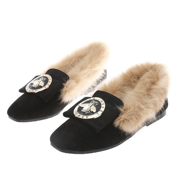 

women's new warm snow boots leather flat mules shoes ladies luxury metal bee decoration loafters plush fur designer slippers, Black