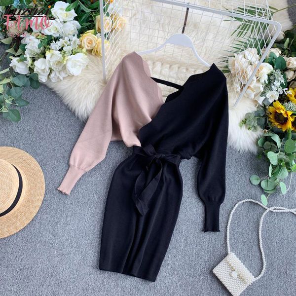 

elegant sashes v neck knit dress women 2020 backless winter autumn long sleeve sweater dress ladies bodycon short dress, Black;gray