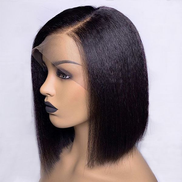 

13*4 130% density short bob lace front human hair wig for women kinky straight remy plucked bleached knots enough full, Black