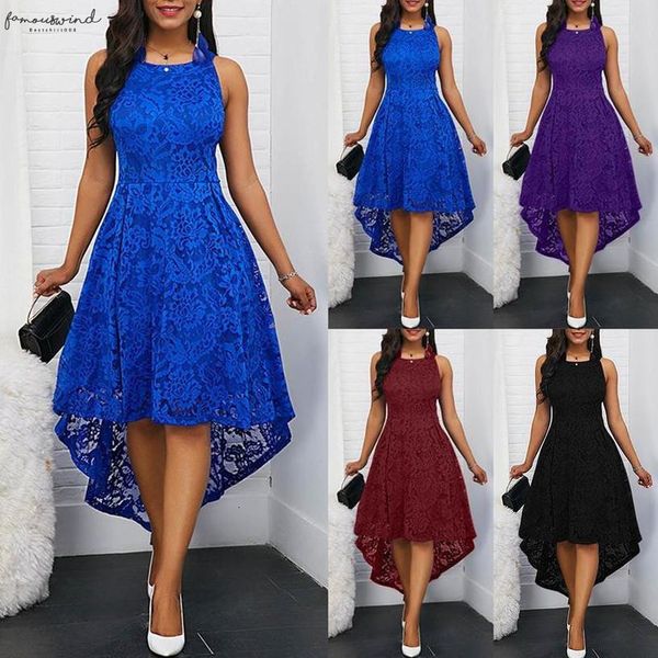 

new fashion floral lace women solid color sleeveless irregular hem formal party midi dress drop shipping, Black;gray