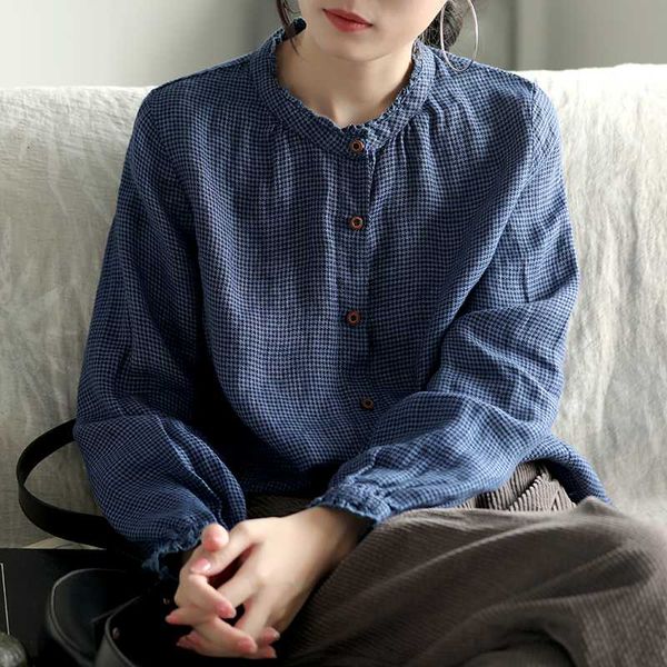 

johnature women plaid shirts vintage linen blouses 2020 autumn new long sleeve button women cloths loose casual shirts and, White
