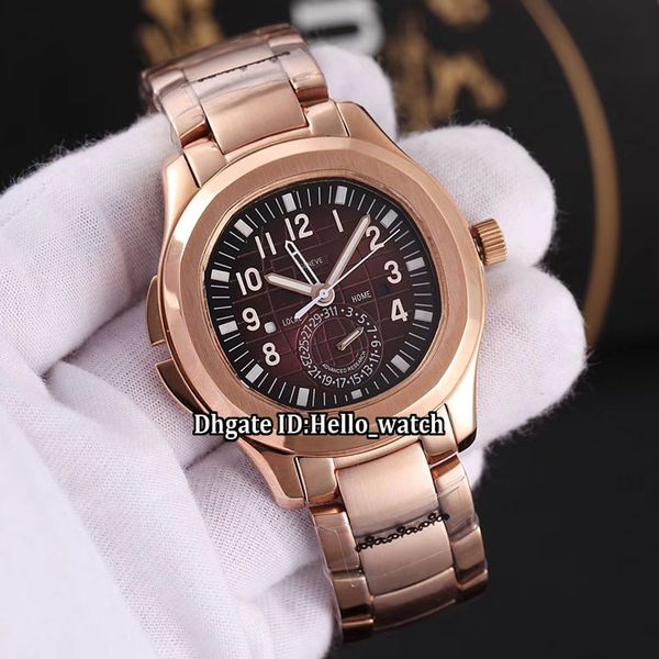 

new sport date aquanaut 5164r-001 gmt dual time extra large brown dial automatic mens watch rose gold steel bracelet gents watches, Slivery;brown