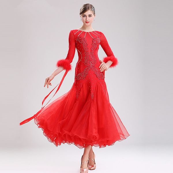 

modern dance clothes women high-grade national standard ballroom dance performance costumes social feather uniforms mq290, Black;red