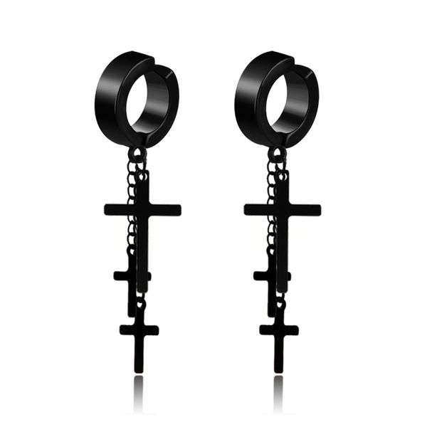 

punk rock titanium steel no ear hole earrings 3 crosses long tassel clip earring male female fashion jewelry black silver