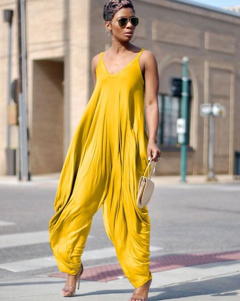 

casual loose women jumpsuit romper spaghetti strap solid bodysuitsv neck sleeveless yellow overalls for women, Black;white