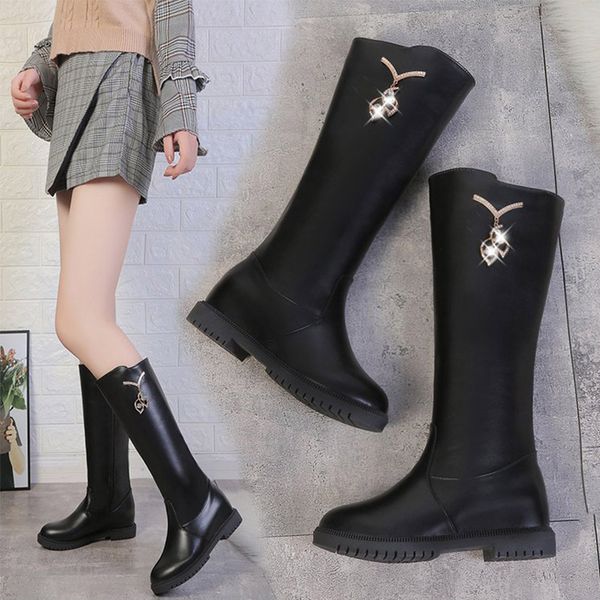 

2019 autumn women mid calf boots female crystal metal decor side zipper platform woman shoes black pu low heels ladies classic
