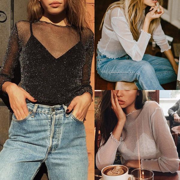 

women womens shirts zomer mesh transparante bling solid casual slim dunne dames mode lange mouw shirt vrouwen sml xl, White