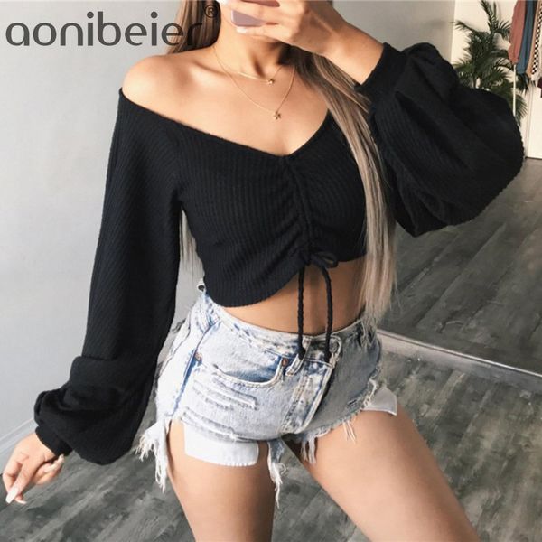 

aonibeier sexy deep v slim fit женская трикотажная футболка осень-зима с длинным рукавом drawstring передние топы урожай sexy lantern рукава, White