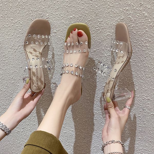

high-heeled shoes lady transparent slippers slides slipers women med jelly flip flops heels 2020 glitter square, Black
