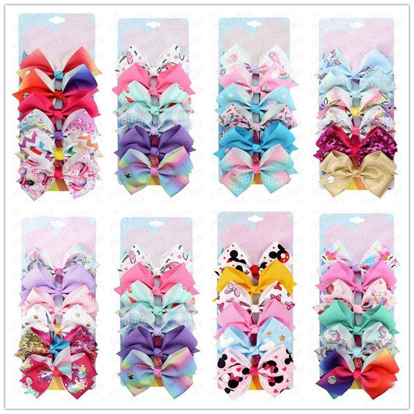 

5 inch baby ribbon bow hairpin clips girls bowknot barrette kids hair boutique children hair accessories 6 color one card set e31604, Slivery;white