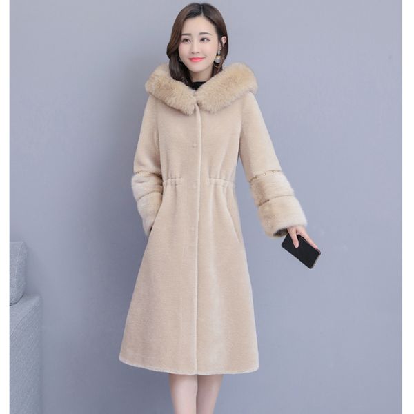 

new wool coat women winter jacket luxury fur collar hooded warm outerwear sheep shearing long coat female g15, Black