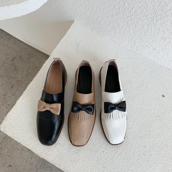 

square toe bowknot women shoes cowhide chunky high heels tassel slip on wood heels british retro femme pumps soft bottom 2019, Black