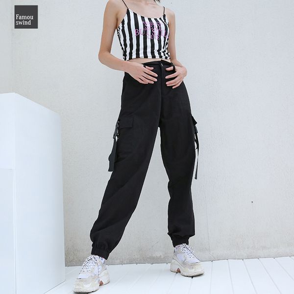 

высокий грузовой сыпучие черные брюки женщины карманы лоскутная талии streetwear карандаш брюки мода hip hop женские брюки, Black;white
