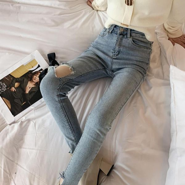 

women's jeans spring women blast retro wash with hole frayed hem cotton elastic denim pants, Blue