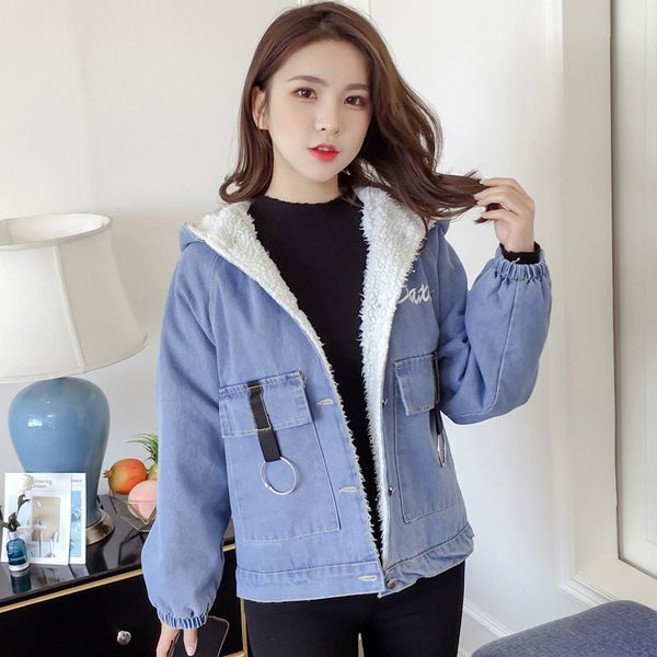 

net price students lambs wool cowboy cotton-padded clothes 2019 winter new style loose-fit brushed and thick hooded cotton overc, Blue;black