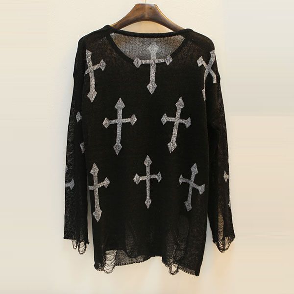 

fashion cross hole torn sweater knitwear, White;black