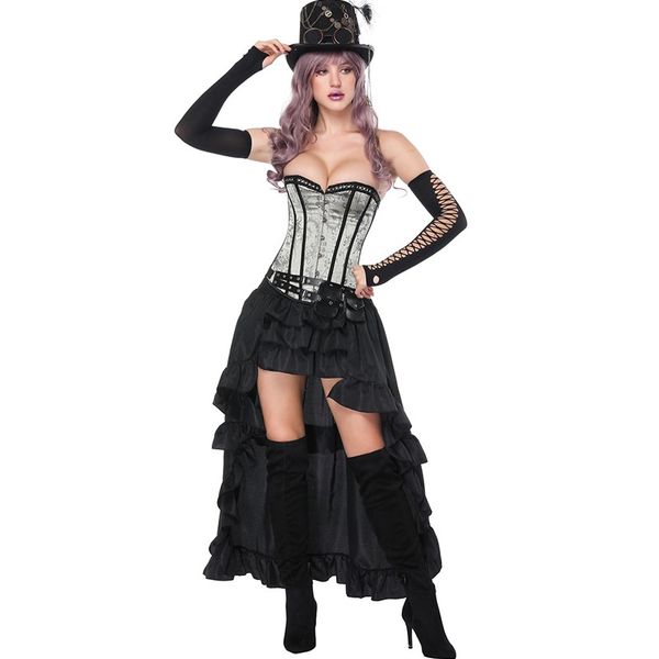 Corsetto overbust floreale da donna con pannello nero e gonna lunga hi-lo a strati Set da 2 pezzi Vestito cosplay burlesque per Halloween