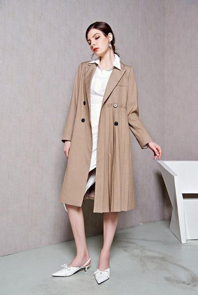 

2019 autumn england style women's trench coat fashion pleated belt overcoat women a773, Tan;black