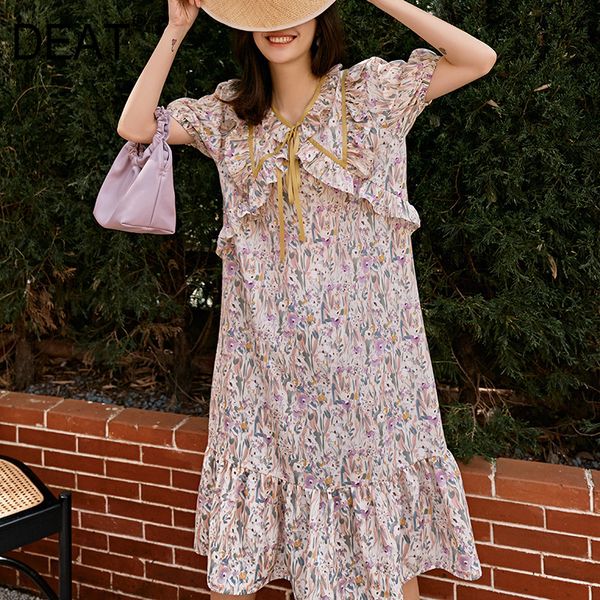 

deat] women printed hit color pleated dress new ruffled neck short sleeve loose fit fashion tide spring summer 2020 13r279, Black;gray