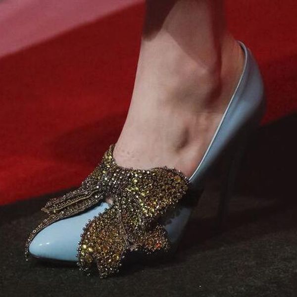 

latest women white leather crystal pearl jeweled bowtie pumps pointed toe butterfly knot elastic slip on female party stilettos, Black