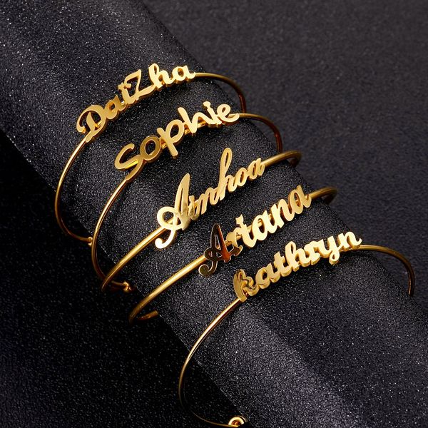 

personalized custom name bangles for women men gold stainless steel charms open & bangle jewelry 2020 mujer bijoux, White