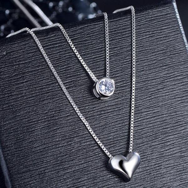 

new double layer chain zircon heart pendants necklaces for women trend sweater chain choker, Silver