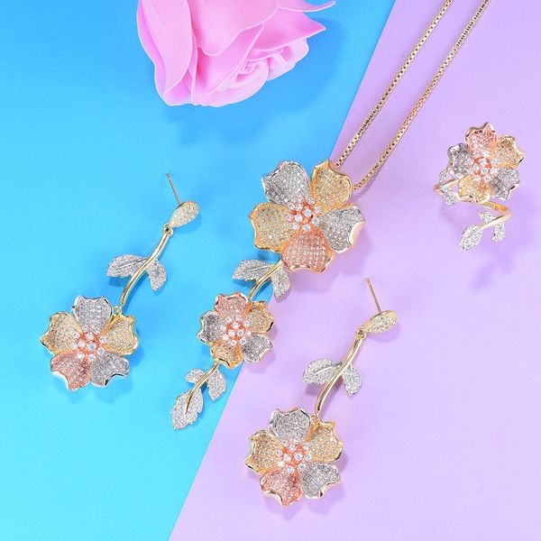 

missvikki flower branch pendant jewelry set necklace earrings ring luxury shiny ladies wedding valentine's gift high quality, Silver