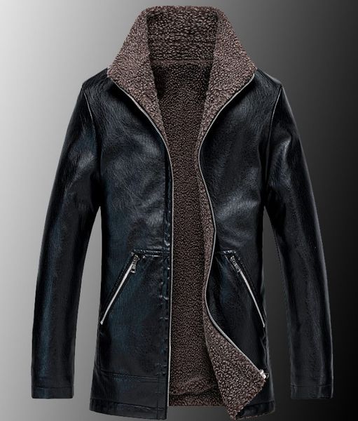 

wholesale designer mens clothes men winter shearling coats lapel neck for men faux leather wool 2019 autumn motorcycle jacket mens outwear, Black