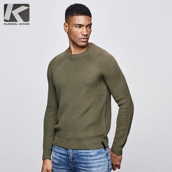 

kuegou 2019 autumn cotton solid black white sweater men pullover casual jumper for male brand knitted korean style clothes 18016, White;black