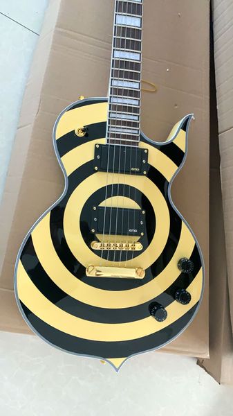 

custom wylde audio odin grail gangrene yellow cream black bullseye electric guitar large block inlay, gold hardware, copy emg pickups