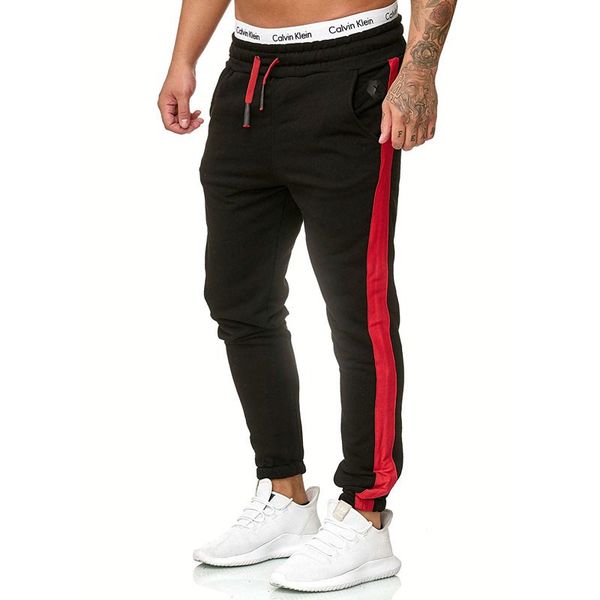 

stitching color pockets drawstring feet pants fashion men's trousers popular all-match long strips sweatpants, Black