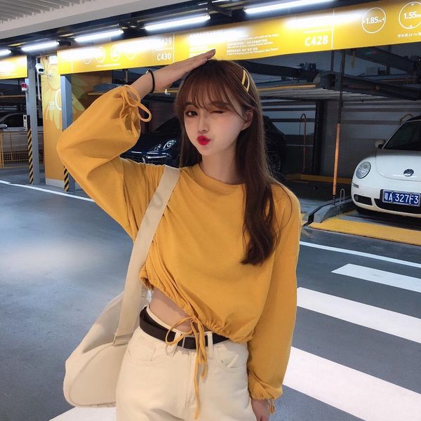 

2019 early autumn solid color easy pulling rope short all kinds of thin toilet clothes basics long sleeve t pity jacket woman, White;black