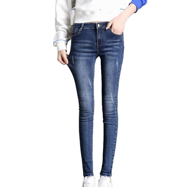 

women's spring summer casual high waist jeans buttons skinny elastic denim pencil pants calca feminina, Blue