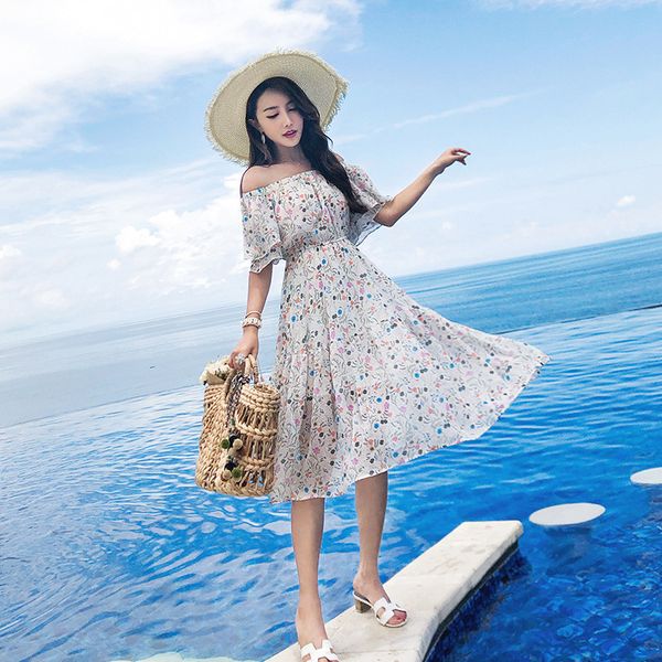 

2019 печатное квадратное ведущее переменное одно плечо шифоновое платье wave edge will маятниковая юбка песчаный пляж, White;black