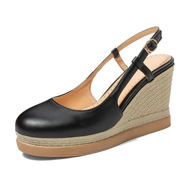 

wedge pumps for women platform high heels shoes round toe slingback shoes 2020 buckle strap office dress ladies size 43 44, Black