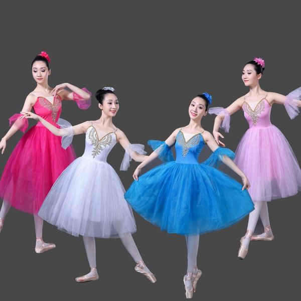 

romantic ballet tutu rehearsal practice skirt swan costume for women long tulle dress white pink blue color ballet wear, Black;red