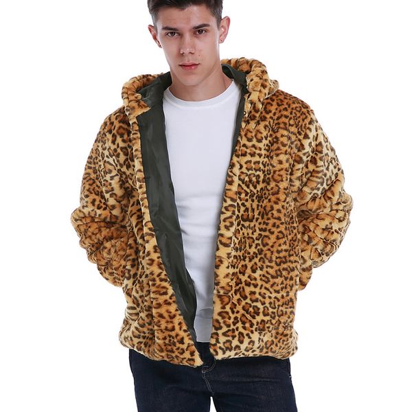 

autumn winter 2019 handsome faux fur coat men warm soft leopard print pocket faux fur jacket male plush long overcoat outwear, Black