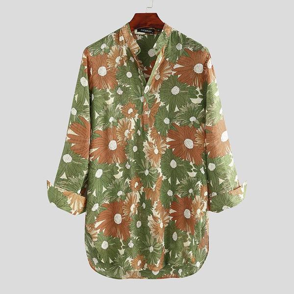 

мужчины рубашка цветочные печати урожай streetwear 2020 повседневный длинным рукавом v шеи длинные стиль tops досуг мужчины мусульманская од, White;black