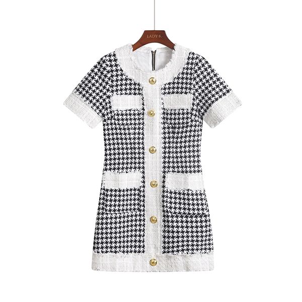 

fall winter designer luxury dress sleeve fringed houndstooth tweed dress vestidos women's short gr, White;black