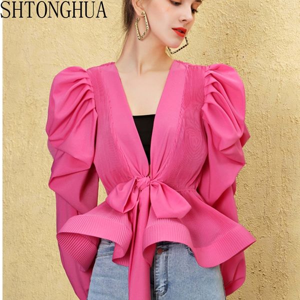 

2020 summer women v-neck lantern sleeve bandage bow pleat chiffon blouse solid color lady elegant blusas, White