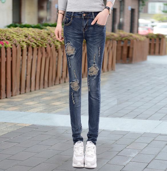 

korean-style new style jeans ripped pants women's dress slimming pencil pants skinny spring and autumn manufacturers direc, Blue