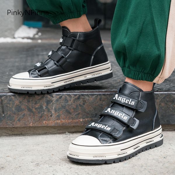 

young ladies genuine leather high sneakers easy wear thick bottom flat short plush lining winter street women casual shoes, Black
