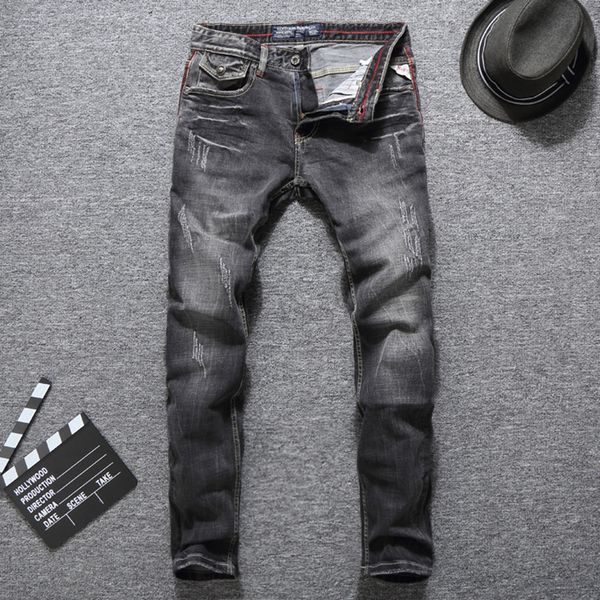 

29-38 punk style dark grey jeans men logo tag on back waist waterwashed high grade slim fit men`s brand grassia jeans 622-1, Blue