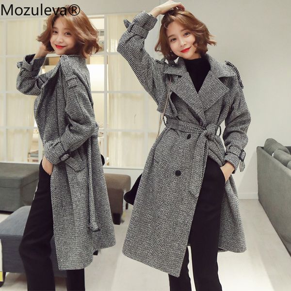 

mozuleva korean long wool coat elegant women double-breasted lapel collar sashes pocket plaid loose thick woolen outerwear, Black