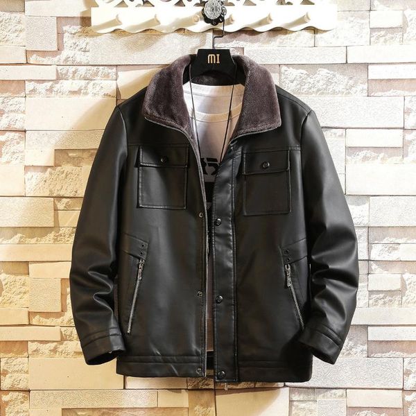 

man leather clothing loose coat male increase down keep warm leather jacket wash loose coat male, Black