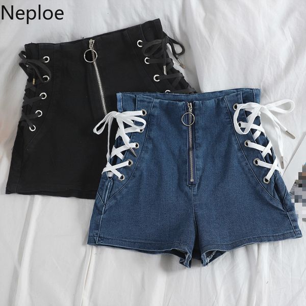 

neploe high waist women shorts summer 2019 loose drawstring zipper fly short feminino summer 2019 chic korean denim shorts 43917, White;black