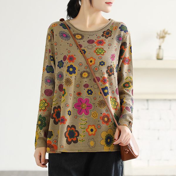 

johnature женщины урожай цветочные пуловеры 2020 spring новая o-образным вырезом с длинным рукавом женские трикотажные хлопок стиль япония с, White;black