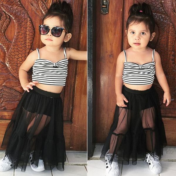 Emmababy 2pcs Set Meninas Crianças Roupas De Designer Crianças Menina Brownot Stripe Tops + Tule Lace Skirt Roupas roupas