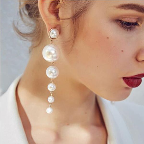 

jouval european long tassel drop earrings for women simulated pearl alloy elegant dangle earring summer wedding jewelry brincos, Silver