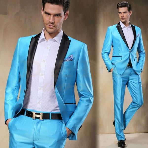 Bonito um botão brilhante azul cetim noivo smoking smoking lapela homens ternos 2 peças casamento / baile / jantar blazer (jaqueta + calça + gravata) W866